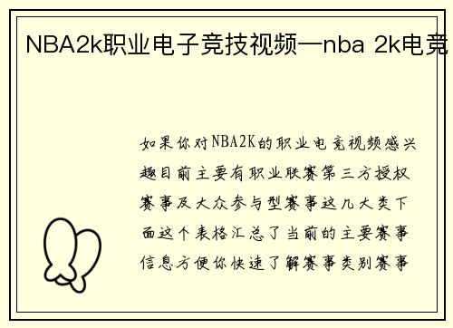 NBA2k职业电子竞技视频—nba 2k电竞